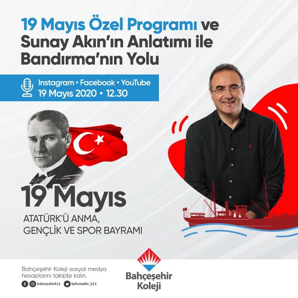‘“19 Mayıs Özel Programı”mızda <a href="/SunayAkin/">Sunay Akın</a> ’dan bir ulusun kaderini değiştiren yolculuğun hikayesini dinleyeceğiz.

#19mayıs 🇹🇷
#bahçeşehirkoleji ❤️💙