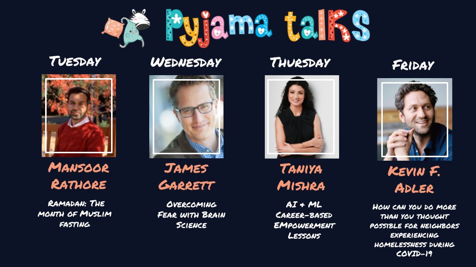 PyjamaTalks's tweet image. Welcome to another week! We have some amazing #PJTalks coming your way: @KnightHennessy scholar Mansoor Rathore, @_BrainByDesign founder James Garrett, @taniyatts Director of #AI Research @Affectiva, and @kevinfadler Founder &amp;amp; CEO 
@MiracleMessages. See you at 6pm! Link in bio.