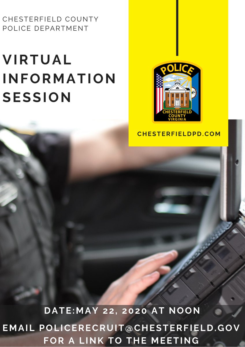 Thinking of a career in law enforcement? Thinking of switching agencies? We're hiring! Have you attended one of our virtual information sessions? Doesn't last more than an hour - our recruiters have a short presentation and then the floor is open for Q&amp;A. Sign up today! <a href="/CCPDVa/">Chesterfield Police</a>