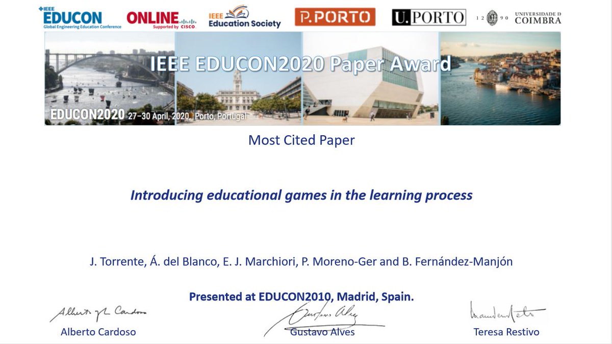 BaltaFM's tweet photo. Thank you very much to the IEEE EDUCON conference for this award to @e_ucm group for the most cited paper in the 10 years of EDUCON. @IEEE_EDUCON
Thanks to  @MCastroUNED
 and @etc91 for the effort involved in creating such a wonderful conference! @informaticaucm @IEEEeducation https://t.co/gCyxHq8LqB