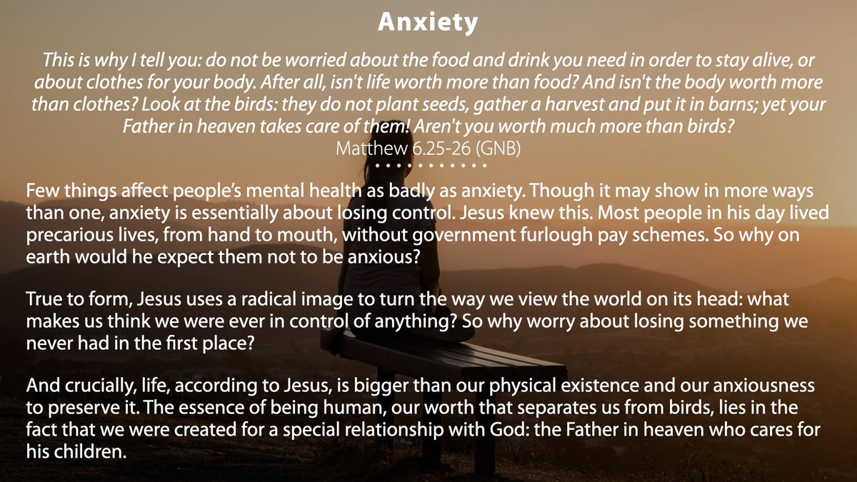 It's Mental Health Awareness Week, and each day we'll be exploring what the Bible has to say on the subject, starting with anxiety.  
---
#MentalHealthAwarenessWeek #MHAW2020 #Anxiety #Bible #Jesus #HealthAndWellbeing #MondayThoughts