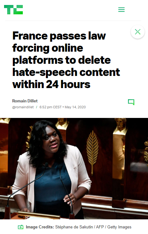 SAFEonNETglobal's tweet photo. France has passed a new anti-hate speech law, and we couldn’t be more excited! 🎆

The law will require platforms like Facebook and Twitter to remove content containing hateful statements about race, religion, gender, sexuality and disability within 24 hours. #onlineharrasment https://t.co/3WxXTwwfov