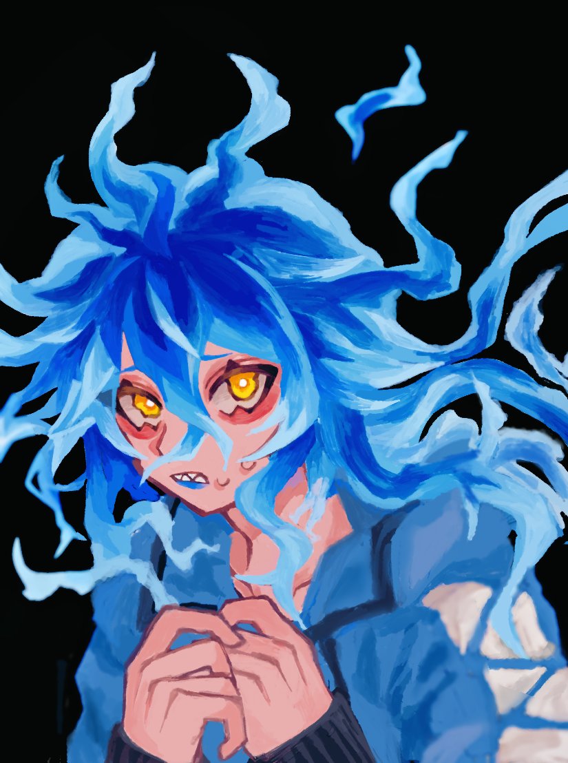 1boy male focus yellow eyes solo blue hair black background long hair  illustration images