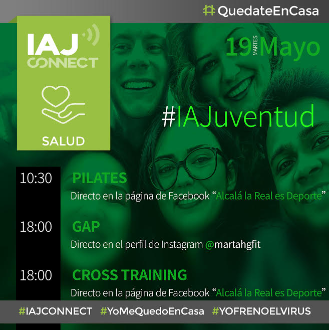 Hoy en #IAJCONNECT #salud:
🤸‍♀️10:30 Pilates en FB Alcalá La Real ES Deporte
18:00 
💣GAP en IG <a href="/martahgfit/">Marta Huete Guerrero</a> instagram.com/martahgfit/
💥Cross Training en FB Alcalá La Real ES Deporte
#yomequedoencasa #yofrenoelvirus #iajuventud