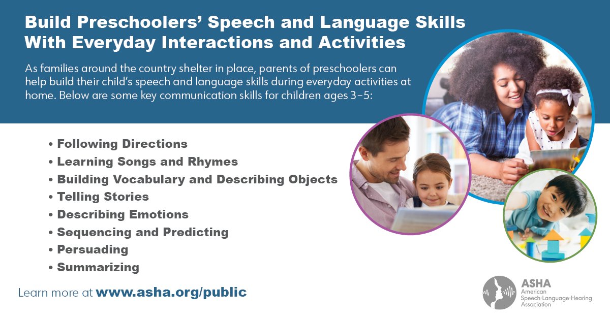 Strong speech and language skills are key to kindergarten readiness and a precursor for reading, writing, and social success. Here are some tips for building preschoolers' speech and language skills during everyday activities at home! #BHSM #slpeeps on.asha.org/2X9r9nI