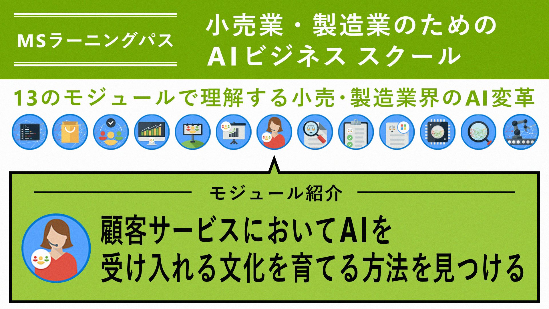 Microsoft Tech 顧客サービスでも受け入れやすい Ai 文化の育成 Aiビジネススクール 本モジュールでは 顧客サービス部門で Ai 戦略を成功させるために重要なポイントを解説します まずは Ai を受け入れやすい文化を育てる方法を見つけましょう