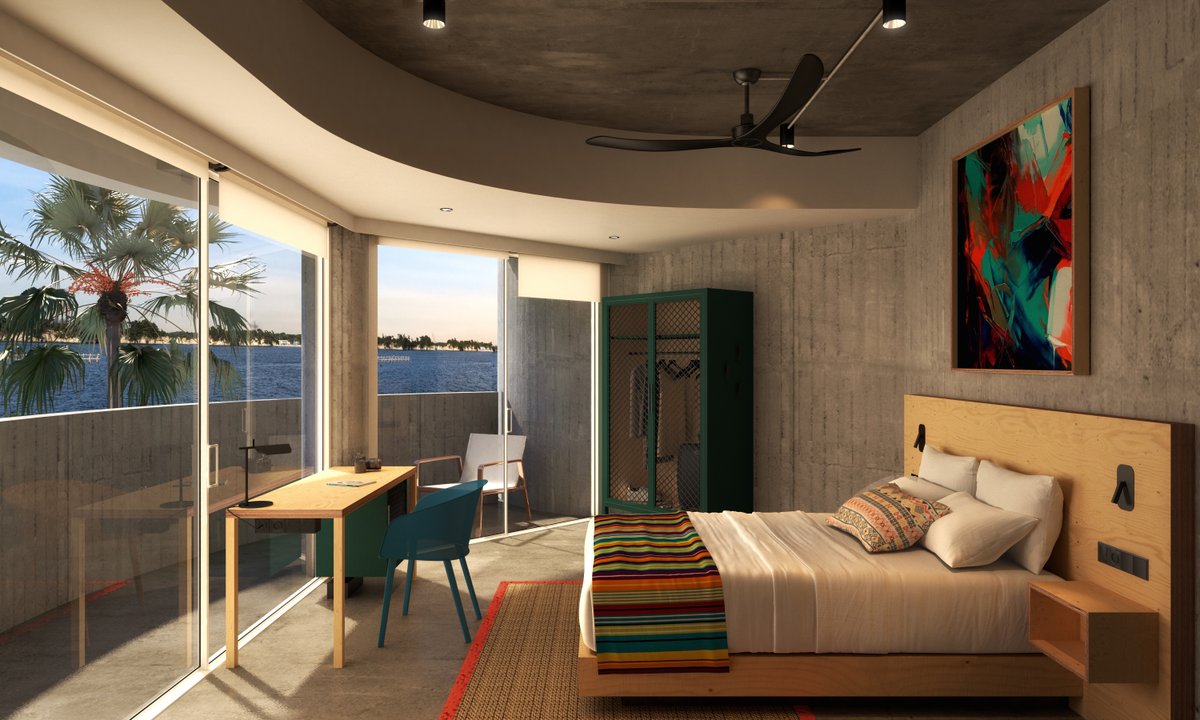 A glimpse into the guest room of <a href="/elblokhotel/">simon b</a> on the island of Vieques, in Puerto Rico, which we had a great fun designing 🌴🌊 - an anti-luxury, adults-only, lost #paradise, with a 5 star service. 
#hoteldesign #guestroom #designhotel #hospitalitydesign #hotel #interiordesign