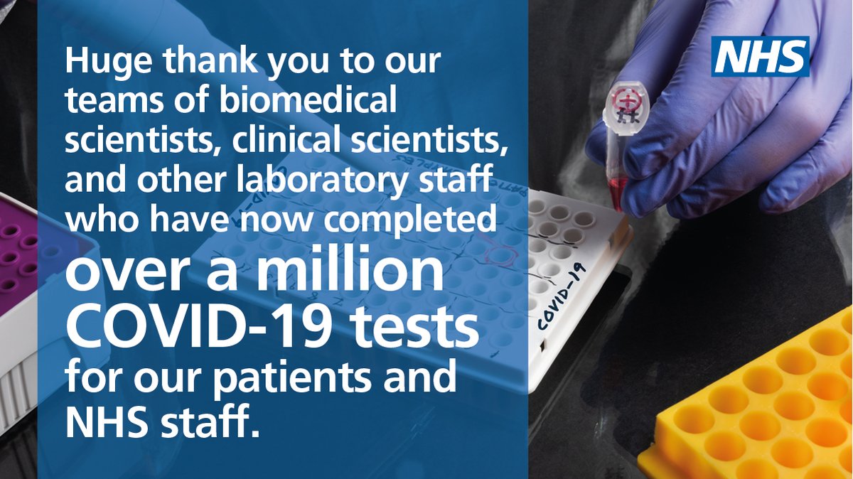 Our amazing biomedical scientists, clinical scientists and laboratory staff have now completed over a million #COVID19 tests at NHS and @PHE_uk labs across the country. Thank you to #OurNHSPeople in pathology for your continued hard work. 🔬 👩‍🔬 #ThankYouNHS
