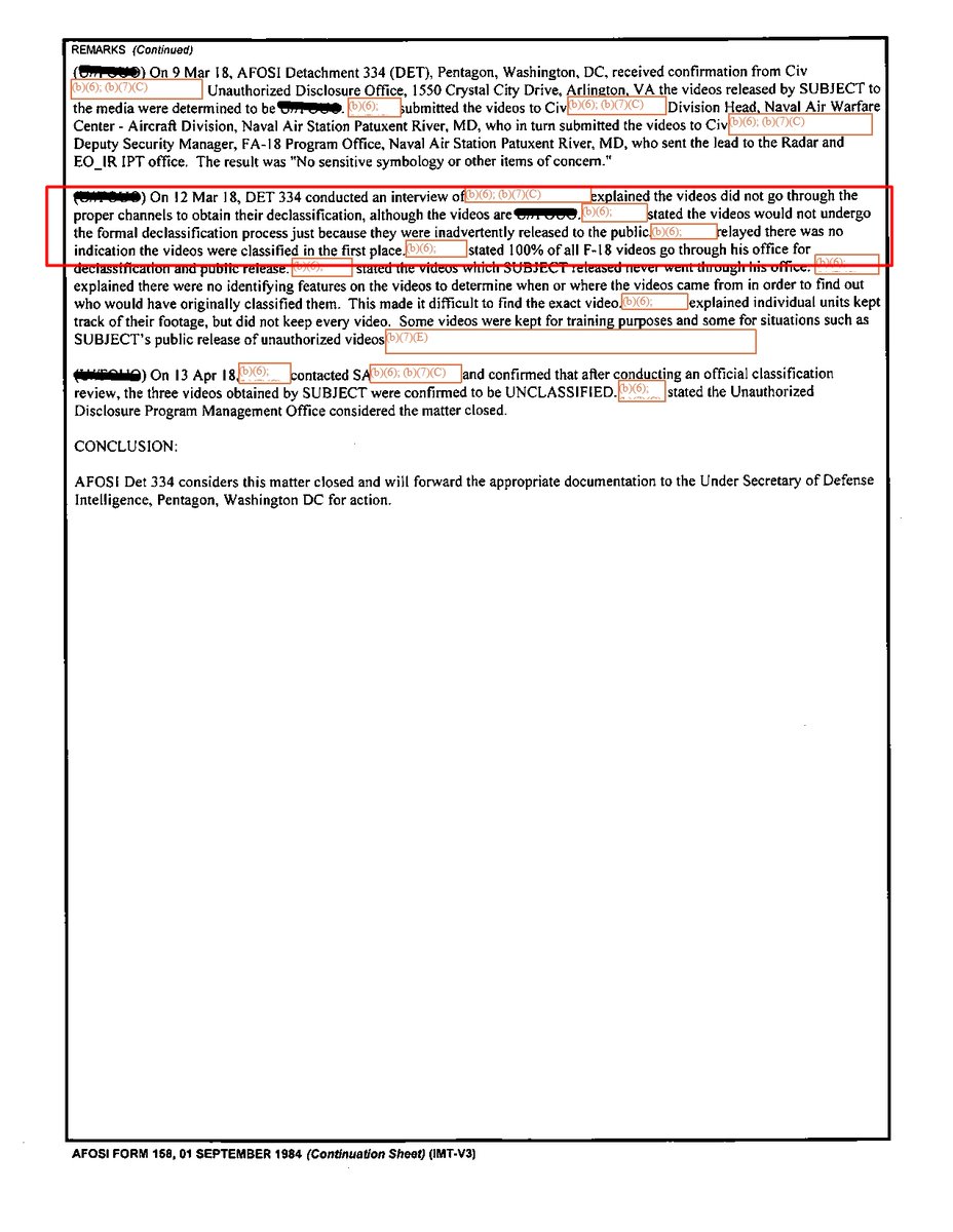 The AFOSI investigation indicated the videos were not properly authorized for public release, but apparently couldn't establish they were classified in the first place.