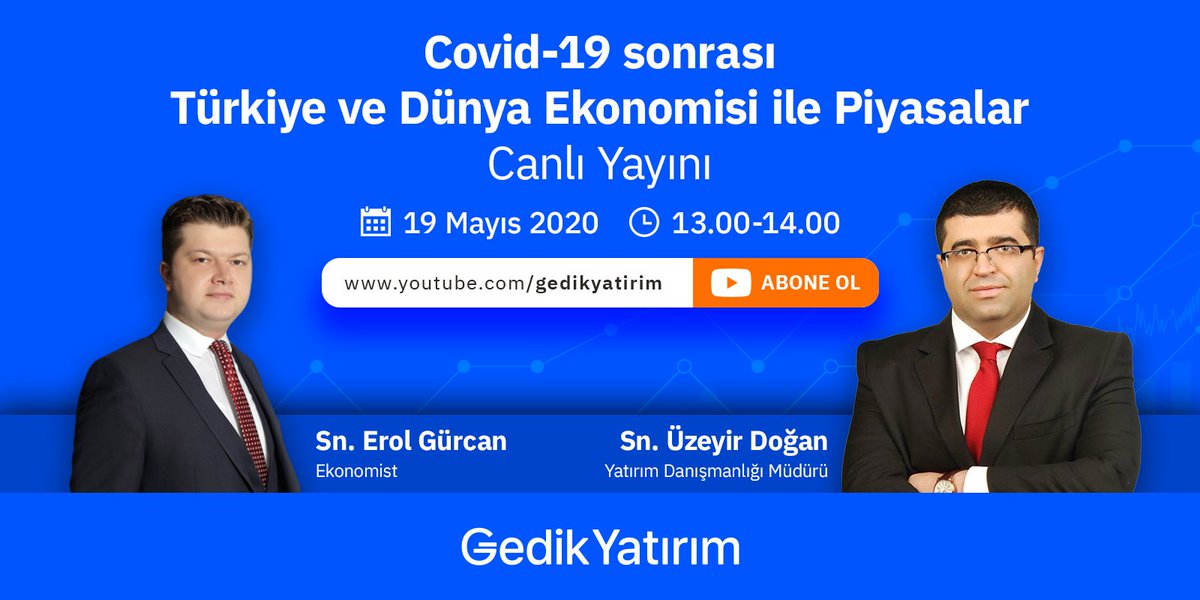 🗓️ Üzeyir Doğan ve Erol Gürcan ile "Covid-19 sonrası Türkiye ve Dünya Ekonomisi ile Piyasalar" konulu canlı yayınımız yarın 🕐 13.00'te!
YouTube kanalımıza abone olup bildirimlerinizi 🔔 açarak canlı yayınlarımıza katılabilirsiniz.
gdk.yt/p9wCWh 👈