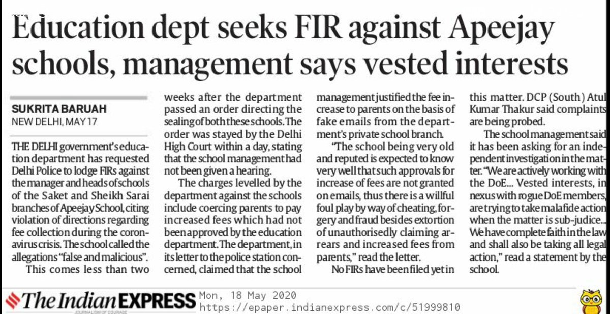 Saurabh_MLAgk's tweet photo. Apeejay school approached HC today against order of FIR against two of its schools
HC gave no relief, instead ordered CP of Delhi police to investigate cyber crime. https://t.co/w6Bq68dxFS