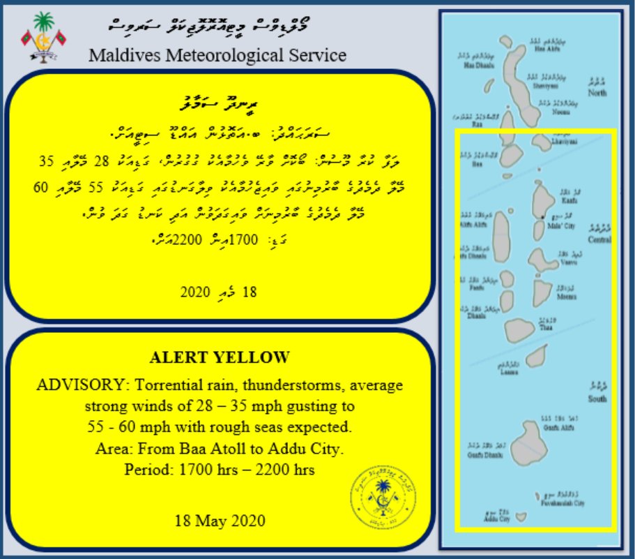 MetMaldives's tweet photo. Alert Yellow for torrential rain, thunderstorms, average strong winds of 28 – 35 mph gusting to 
55 - 60 mph with rough seas. https://t.co/2vGbklH7ra