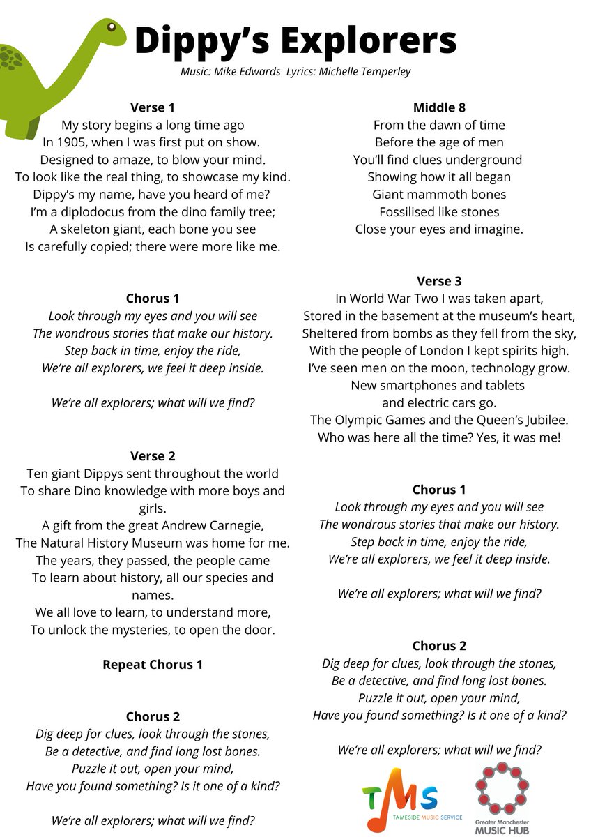 tameside_music's tweet photo. We're looking forward to the @GMMusicHub Primary School Singing Challenge tomorrow - do you know all the words to Dippy's Explorers yet? Let us know if you'll be joining in! #gmmhdippy #dippyontour https://t.co/2Btr6H1mhs https://t.co/NsxaJQBgzz