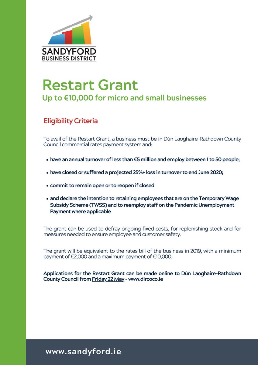 SandyfordBID's tweet photo. On Friday, the government announced details of the new €250 million Restart Grant, which will give direct grant aid to micro and small businesses to help them with the costs associated with reopening and re-employing workers following COVID-19 closures. https://t.co/Dts8OCBP8B