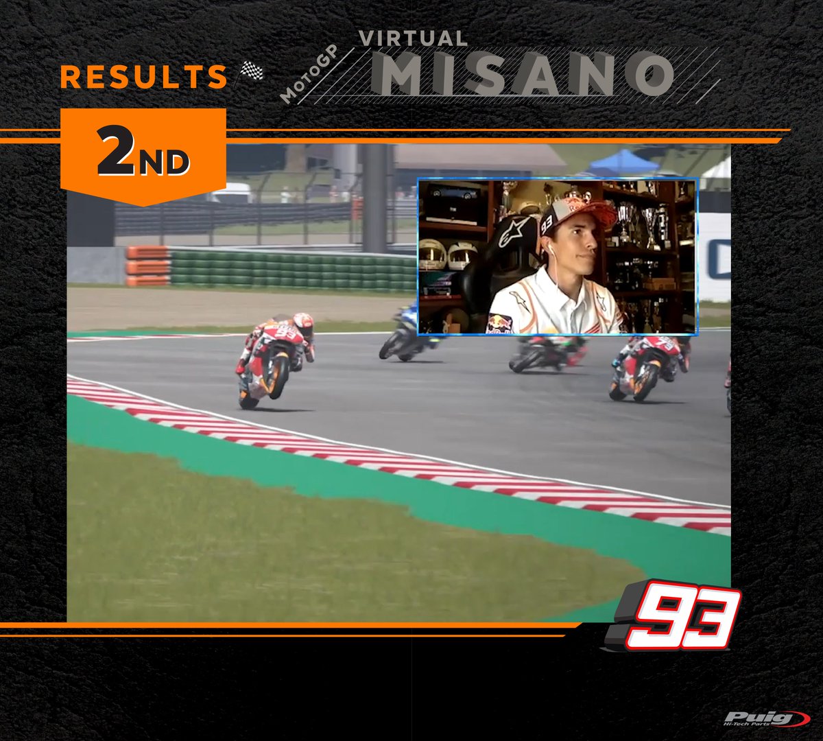 MotoplasticPuig's tweet photo. @alexmarquez73 dominates firmly this new format of #StayatHome GPs, but his brother and Teammate @marcmarquez93 is closer every race!! Such a fun one! Can't wait to see the real action soon! #Puighitechparts #ourpassionfromwithin https://t.co/VL0jxnAUmj