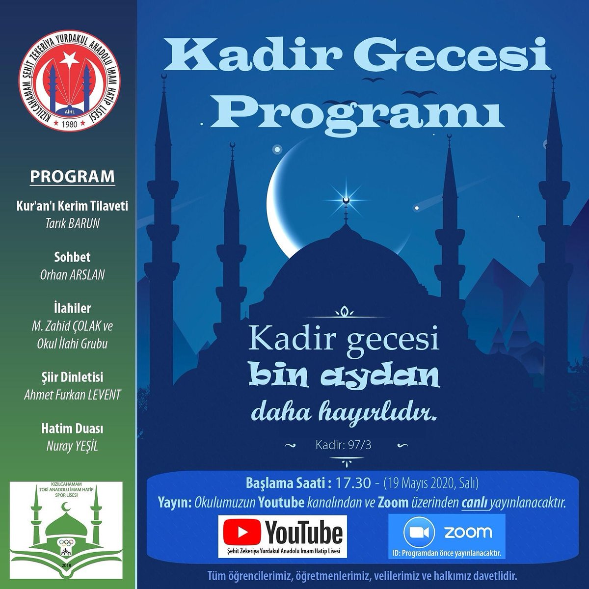 TokiImam's tweet photo. BİN GECEDEN DAHA HAYIRLI OLAN BU MÜBAREK GECEDE DÜZENLEMİŞ OLDUĞUMUZ PROGRAMA TÜM HALKIMIZI DAVET EDER GECEMİZİN HAYIRLARA VESİLE OLMASINI TEMENNİ EDERİZ. https://t.co/yWQEfW6nmK
