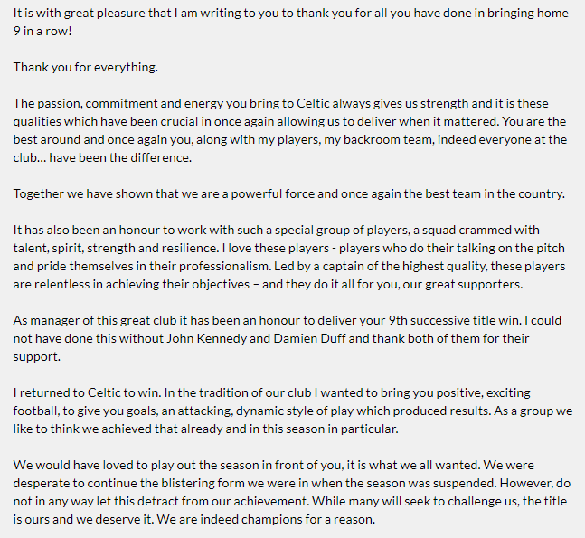ClydeSSB's tweet photo. Celtic manager Neil Lennon has released a statement to the club's fans, after they were named Premiership champions https://t.co/ekjjv9UfGr