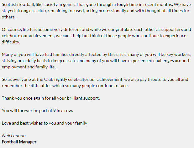 ClydeSSB's tweet photo. Celtic manager Neil Lennon has released a statement to the club's fans, after they were named Premiership champions https://t.co/ekjjv9UfGr