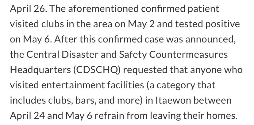 The main problem connected to the Man that i explained in the previous tweet. Because of the posibility of the virus outbreak in that club, officials urged people who visited any bars or clubs located in taewon to not going outside from April 29 - May 6 and do a screening test.