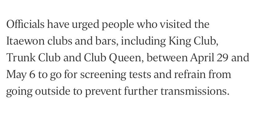 The main problem connected to the Man that i explained in the previous tweet. Because of the posibility of the virus outbreak in that club, officials urged people who visited any bars or clubs located in taewon to not going outside from April 29 - May 6 and do a screening test.