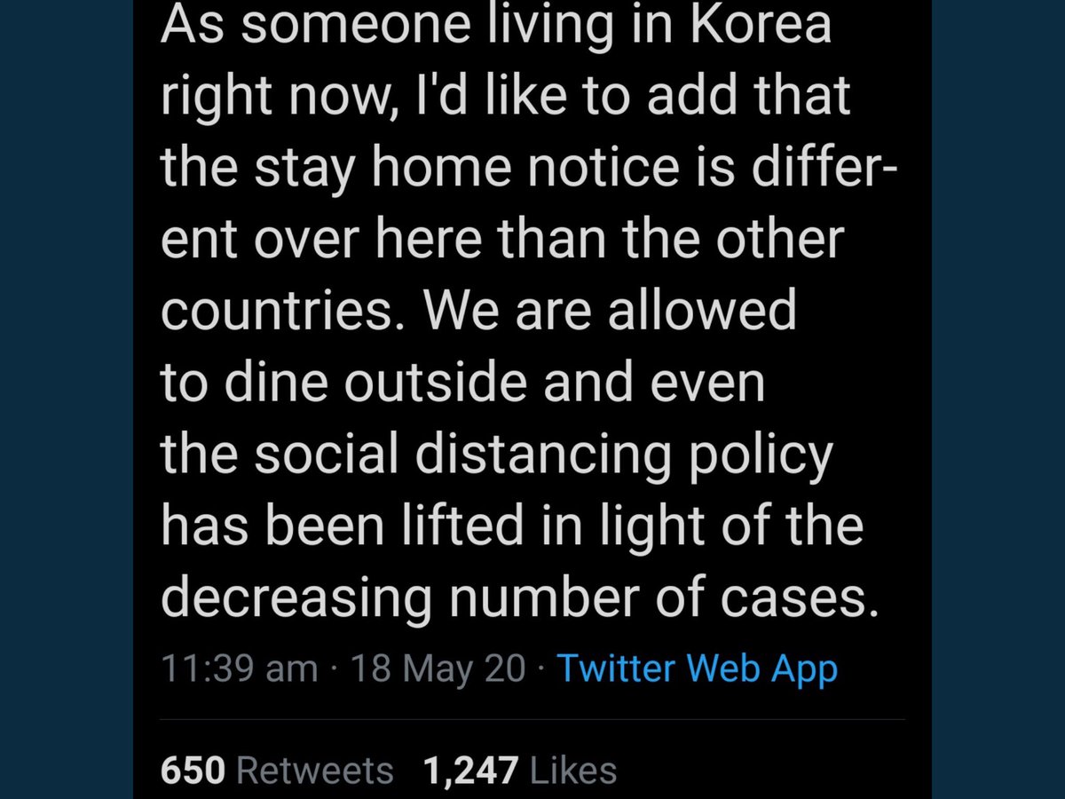 Lots of people that live in Korea says that in Korea is not really strict with the social distancing. Shop and caffe are open.They tend to do normal activities but still stay aware.pic: pls let me know whose tweet is this bcs i forget where i found this