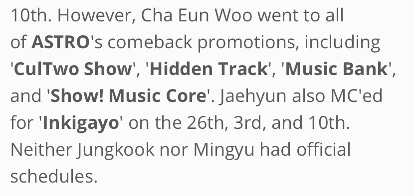 But Eun woo went to all ASTRO comeback in May 7 and he went to music bank at May 8.And jaehyun also MC’ed for Inkigayo on May 10.That’s where the problem is, people are mad not because of they went to bar. But due to the fact that they didn’t do as the official ask.