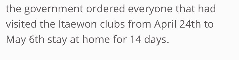 Everyone who visited clubs/bars located in itaewon between April 24 - May 6 are not allowed going outside for 14 days. Because the virus can stay dormant for u to 14 days.Jungkook, Eun Woo, Jaehyun, and Mingyu are supposed to stay home until 10th May.