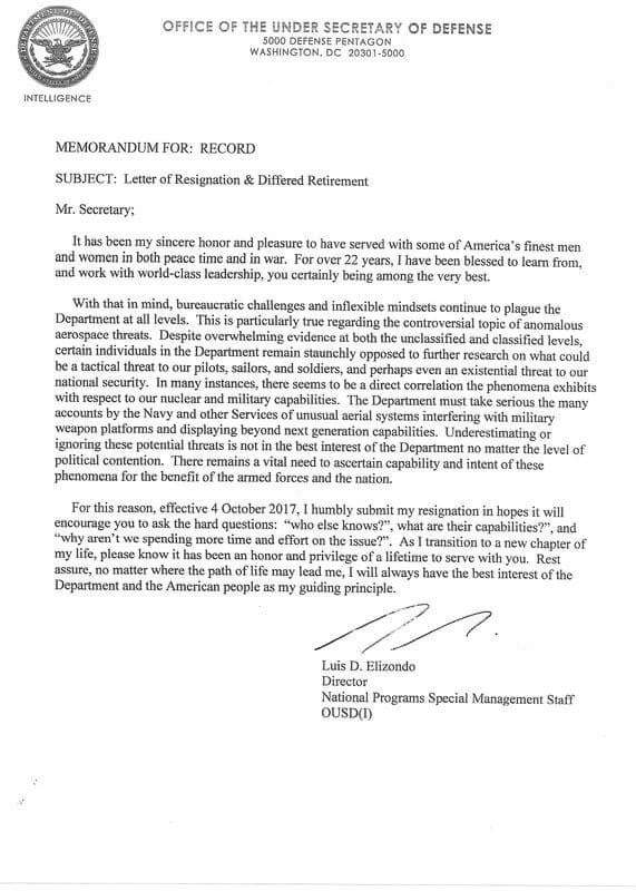 For those who haven't seen it before, Luis Elizondo's 2017 memo for record & letter of resignation to then-Secretary of Defense James Mattis.