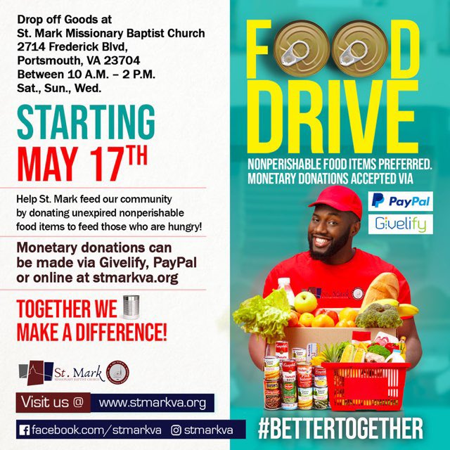 StMarkVA1's tweet photo. Join us for our food drive to help our community. Drop at the church Mon-Wed-Friday. Monetary donations also accepted. https://t.co/uuEvDL3yZc