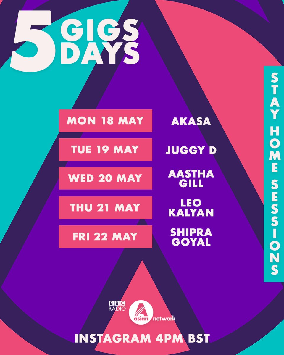bbcasiannetwork's tweet photo. Ready for a second week of #StayHomeSessions? 👀
@AkasaSing
@JuggyD
@GillAastha
@leokalyan
@theshipragoyal
Each artist will be on @helloyasser's show on the day their gig is released too! https://t.co/LWYCIU1GzR