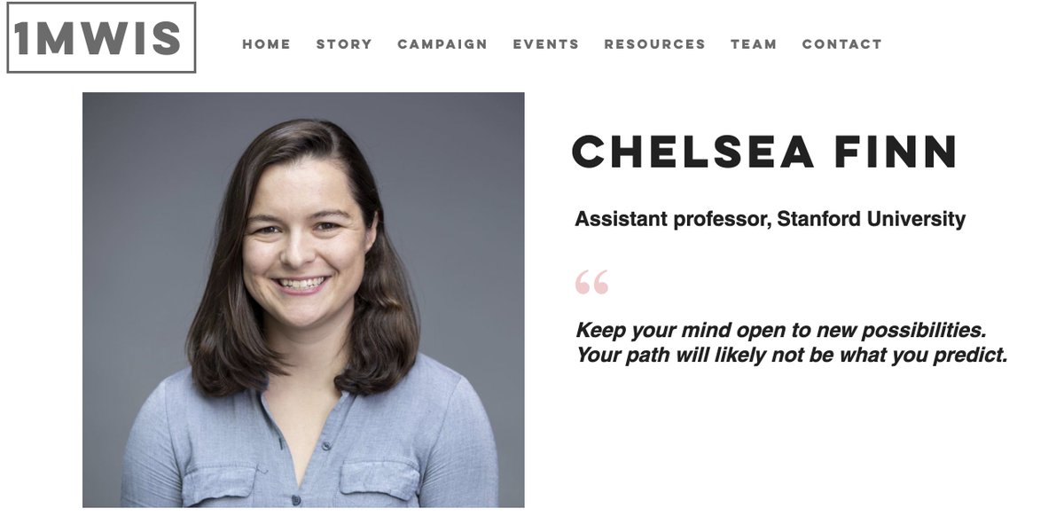 THREAD 13/100Welcome Chelsea Finn - an assistant professor - who's exploring how to get robots to develop the perception & motor control skills of a 2 year old. She also teaches courses on AI & meta-learning. Wow!Ft & thx  @chelseabfinn http://1mwis.com/profiles/chelsea-finn