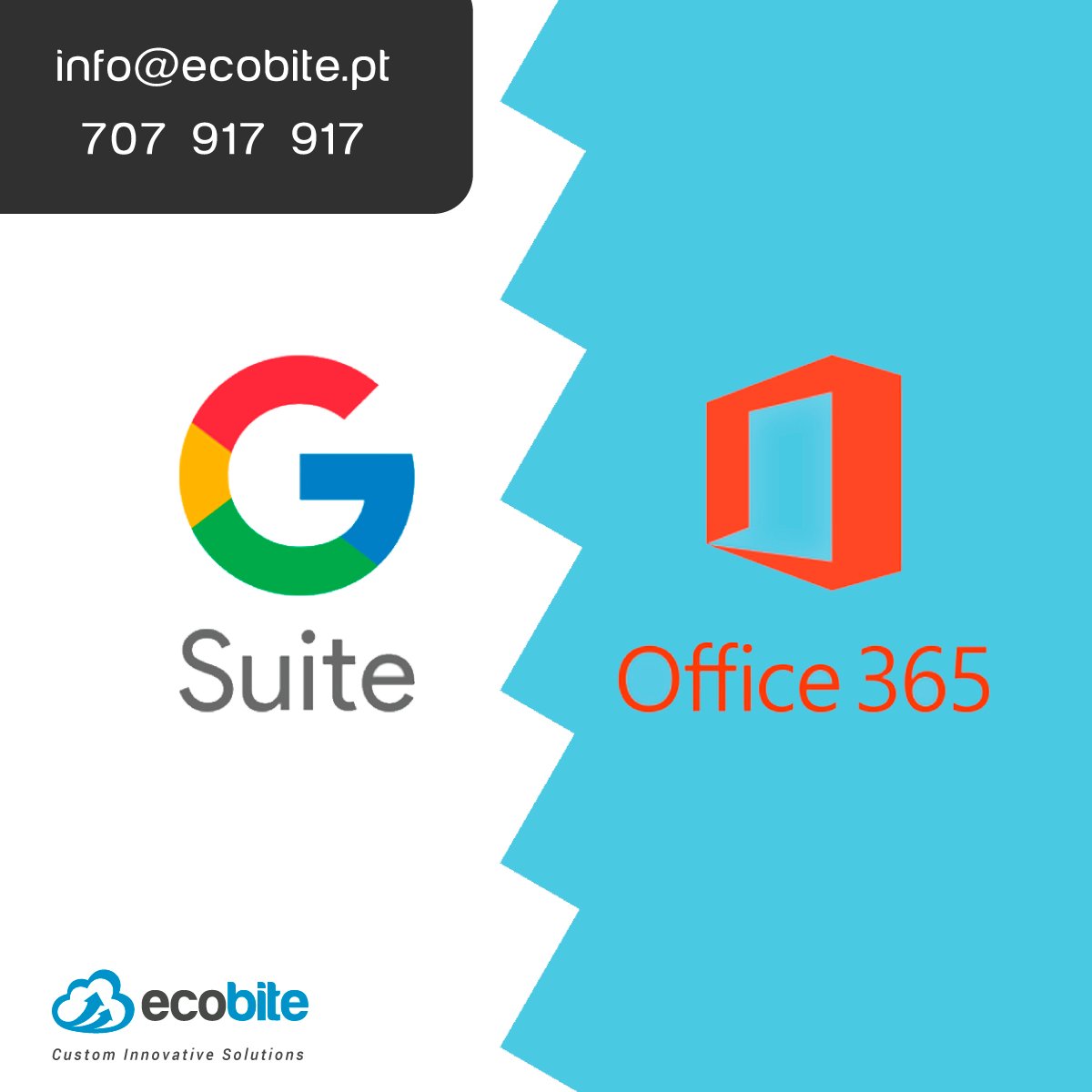 Ecobite's tweet photo. Para escolher entre G Suite ou Office 365 é melhor as empresas analisarem qual a solução que mais se adequa às necessidades.
A ECOBITE desenvolve a solução que mais se adapta ao seu negócio.
Contacte-nos sem Compromisso.
https://t.co/9rLpng8R14
#ecobite #gsuite #office365 https://t.co/5jz0fThwrn
