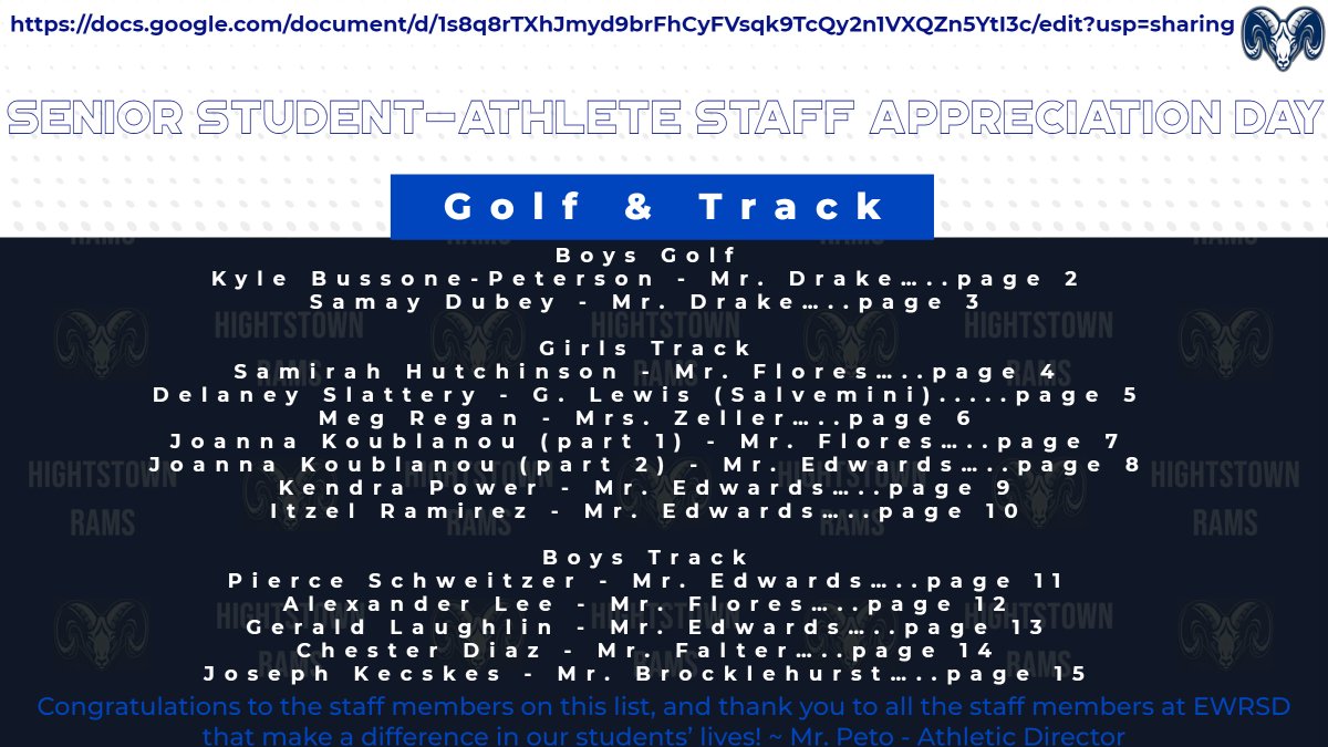 HHSRamsAthletic's tweet photo. Here is the list these Senior Golfer and Track athletes wanted to thank for making a difference in their lives.  Individual graphics will be released throughout the day but please visit the meanings shared by the athletes using this link ⛳️🎽:
https://t.co/hR1lASsB9K https://t.co/PyQZgXs0CZ