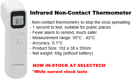 Selectech_za's tweet photo. Great news!
Selectech now has stock of Non-Contact Infrared Thermometers. 

We can also assist with other products to help you in keeping safe throughout this world pandemic. 

Email us for a quote: sales@selectech.co.za https://t.co/tkOohTuWLl