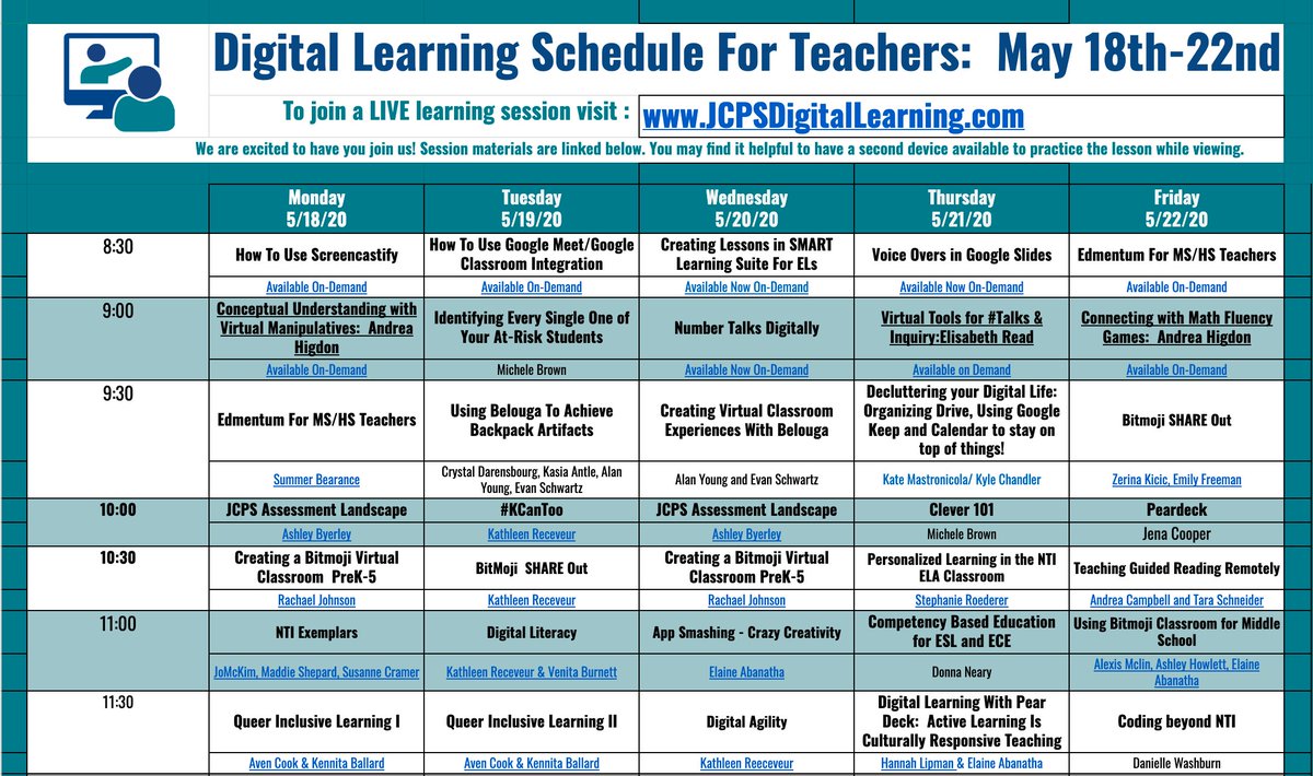 JCPSDigIn's tweet photo. It's our FINAL week of LIVE learning on https://t.co/Fc03lxkCc0 featuring several episodes on Bitmoji Classrooms, NTI teacher exemplars, and MORE!
Schedule Link: https://t.co/1eovQM5o7e
#JCPSDigIn #KYGoDigital #WeAreJCPSAtHome https://t.co/G7t4gZH28i