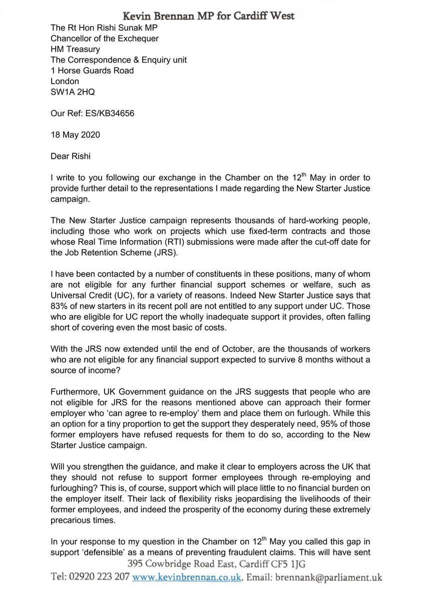 KevinBrennanMP's tweet photo. I have written to @RishiSunak asking him to take a hard look at the impact of his decision to exclude so many new starters from government help schemes. Research by @NewStarterJust shows 83% of new starters are not entitled to UC. These people deserve better. #newstarterjustice https://t.co/ojgtsX8XvZ