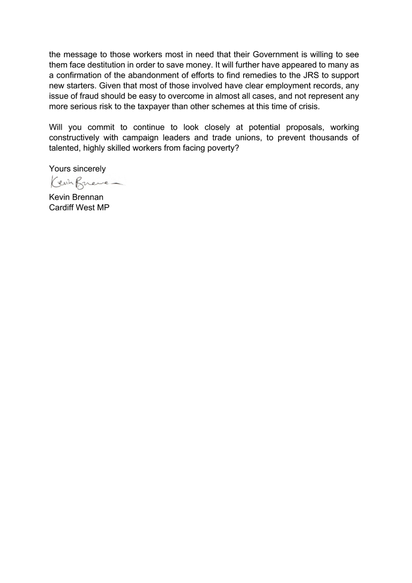 KevinBrennanMP's tweet photo. I have written to @RishiSunak asking him to take a hard look at the impact of his decision to exclude so many new starters from government help schemes. Research by @NewStarterJust shows 83% of new starters are not entitled to UC. These people deserve better. #newstarterjustice https://t.co/ojgtsX8XvZ