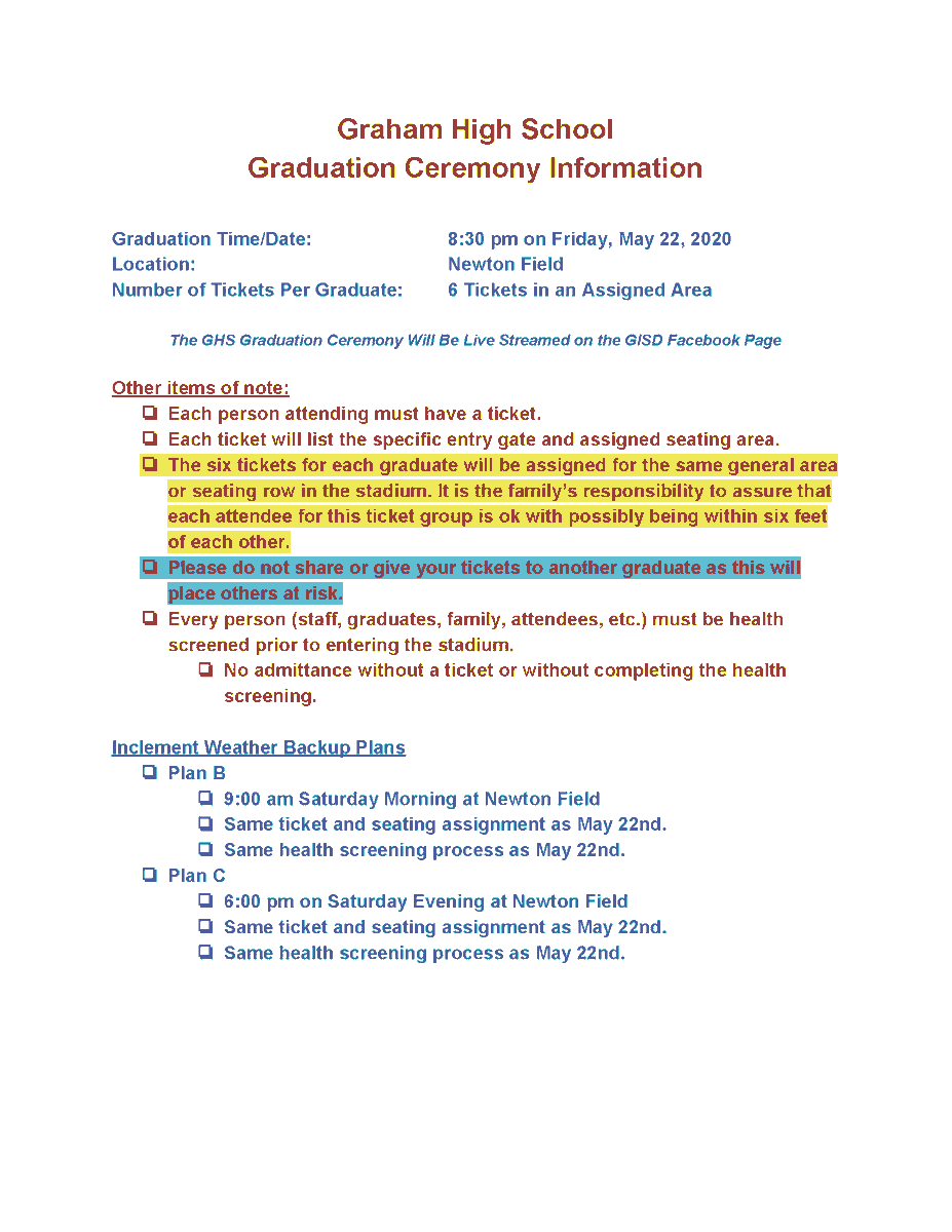 Please see the information on the attached image for GHS Graduation Information.
