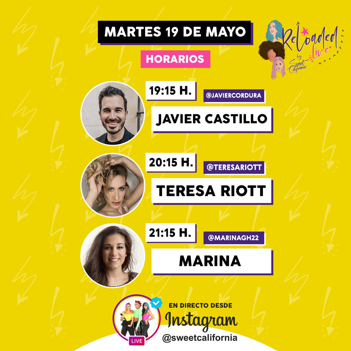 SweetCalifornia's tweet photo. Mañana volvemos con #ReloadedLive!! @JavierCordura @teresariott @marinagh22 estarán con nosotras!!! Que ganas! https://t.co/FJuL0VjYZM