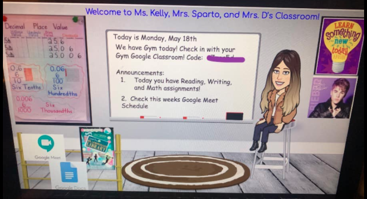MsKelly5678's tweet photo. Obsessed with my new Bitmoji Virtual Classroom! It is such a fun, interactive way for students to see their assignments and access helpful links while feeling like they are back at Hillside! #feelingfun #feelinginspired #NHPGCP @teamhillside https://t.co/GF0Bw06TuF