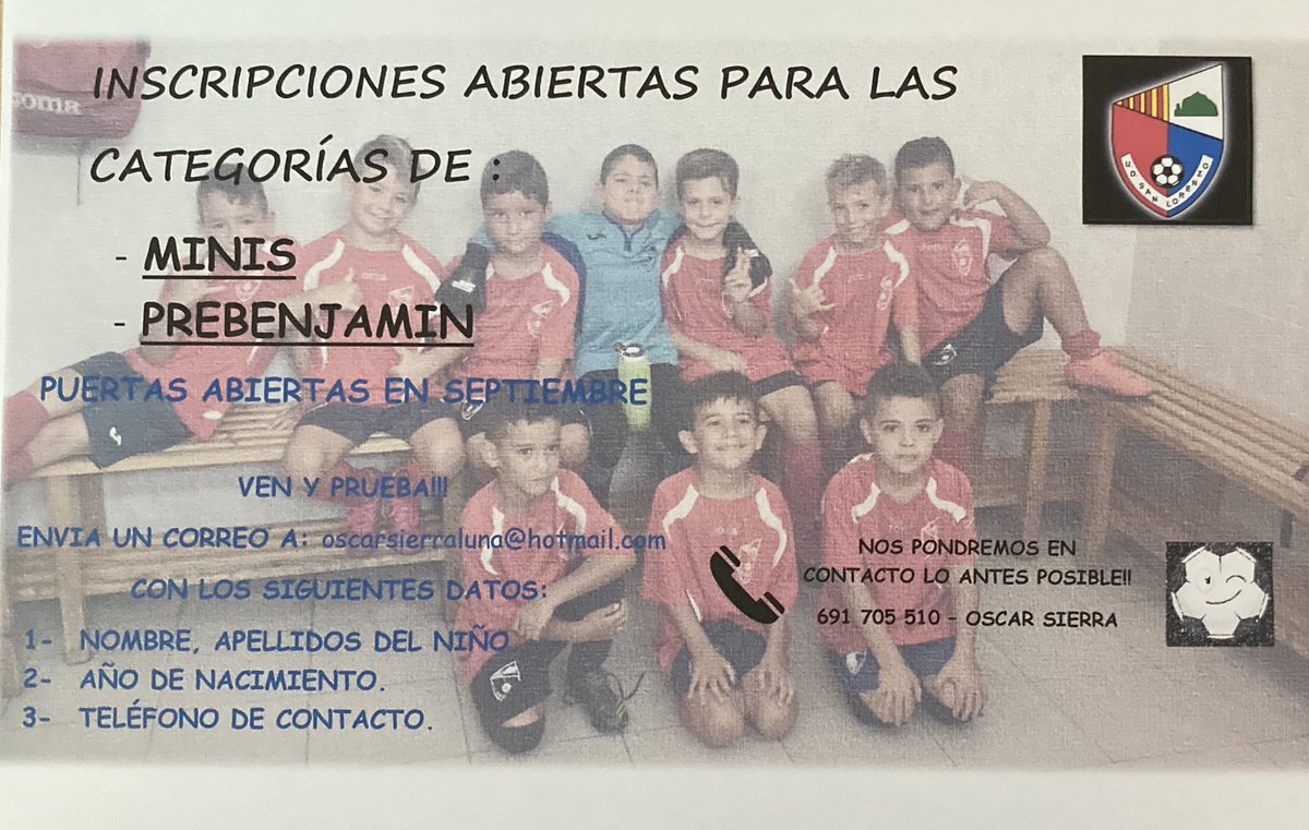 Buenas tardes!!! Inscripciones abiertas para las categorías de MINIS Y PREBENJAMIN, envía los datos correspondientes a oscarsierraluna@hotmail.com o ponte en contacto al 691 705 510. @oscarirenemoral  💪🏻⚽️⚪️🔴 #udsanlorenzo #estevirusloparamosunidos