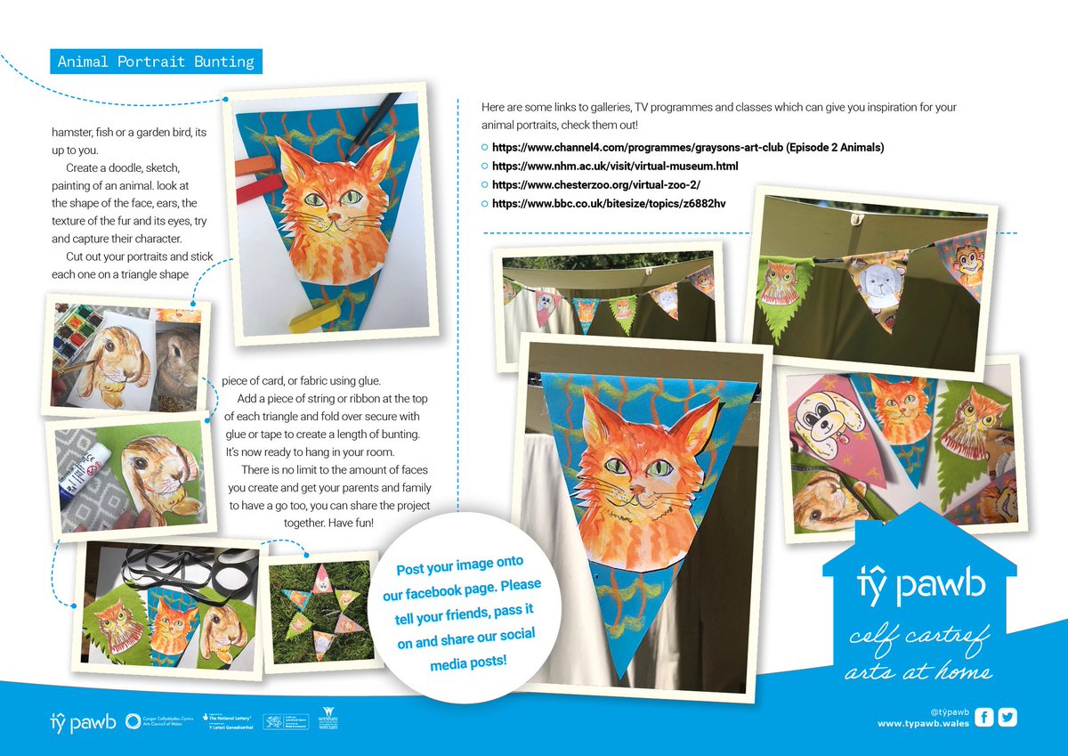 This week's activity is Animal Portrait Bunting! 🐱🖍🐶
See the images for full instructions or download the PDF here: bit.ly/2ZfIPk6

You can download all the Family Art Club Activities from our website: typawb.wales/artsathome