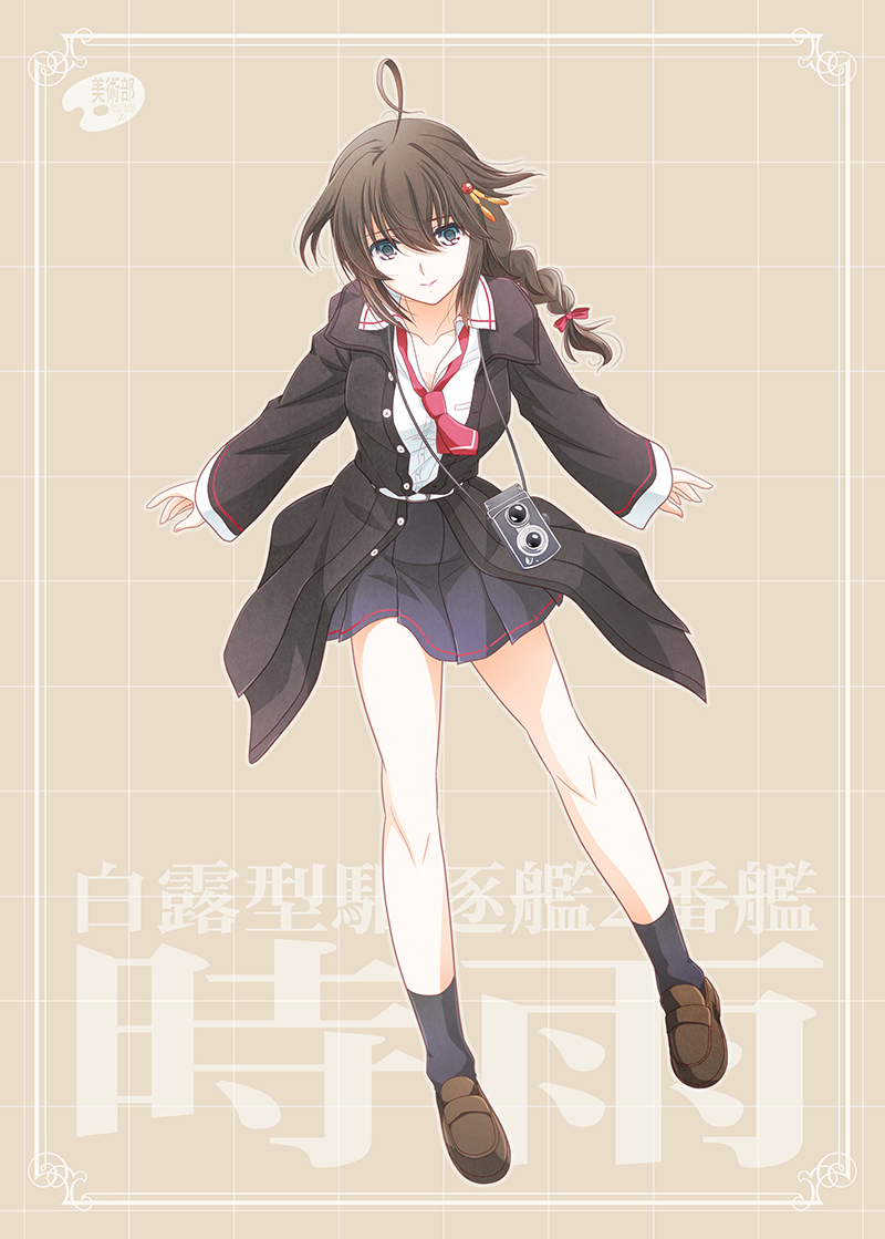 shigure (kancolle) ,shigure kai ni (kancolle) 1girl solo hair flaps braid skirt red necktie necktie  illustration images