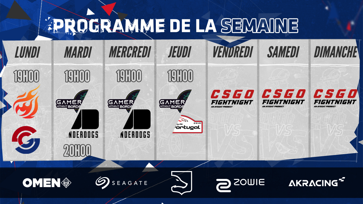 LDLC_OL's tweet photo. Il est beau, il est chaud : le planning de la semaine !
Au programme :
๐ #Hellcase
๐ #Underdogs
๐ #WRC
๐ #CharityPrizepool
๐ #CSGOFightNight
Il y en a pour tout le monde ! ๐ https://t.co/LrelAw0WlS