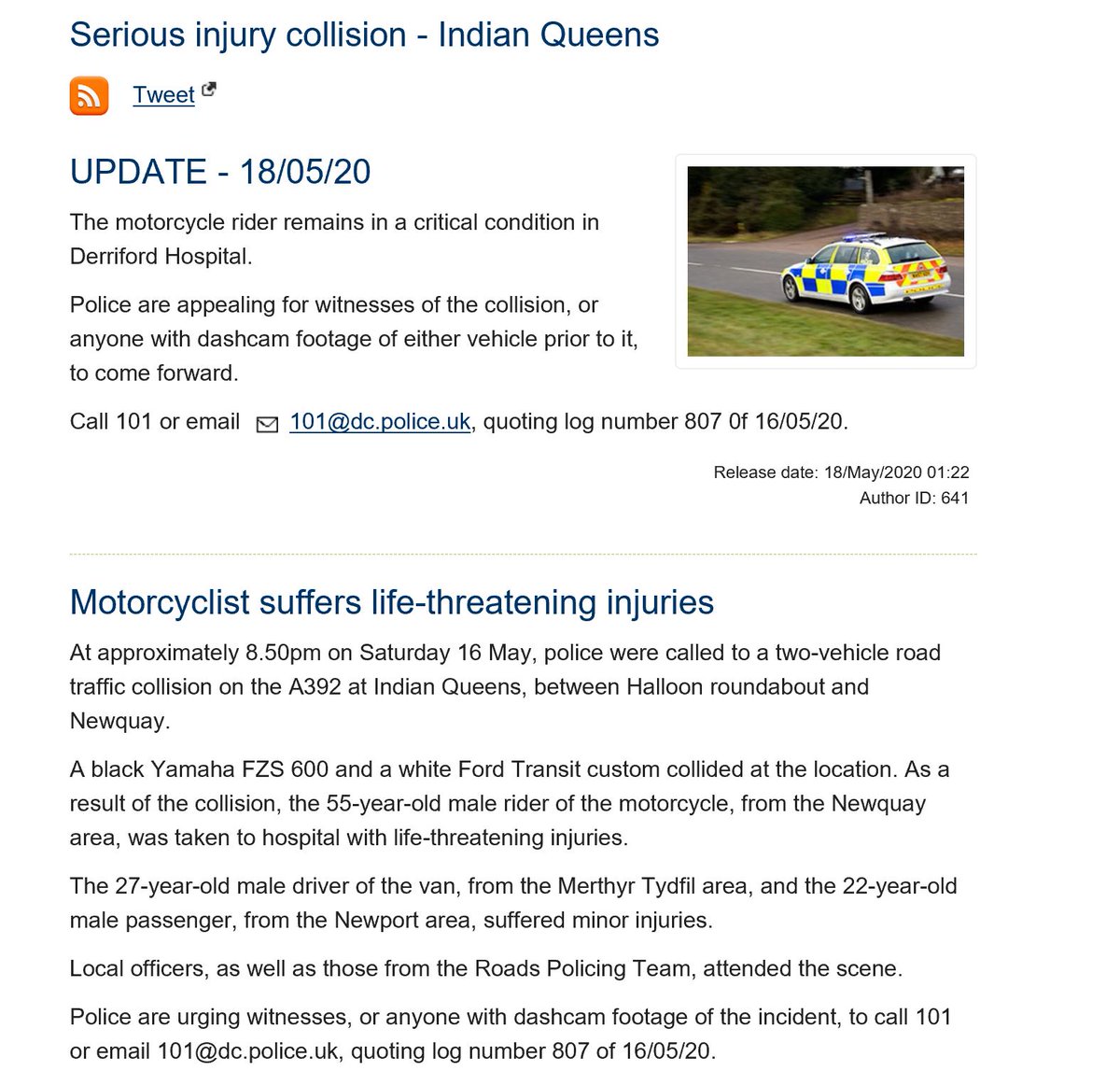 DC_Police's tweet photo. Police are appealing for witnesses and dashcam footage following a collision between van and a motorcycle on the #A392 at #IndianQueens at around 8.50pm on Saturday 16 May.
https://t.co/TM1Hcb7TMW https://t.co/NXFxMfzSaD