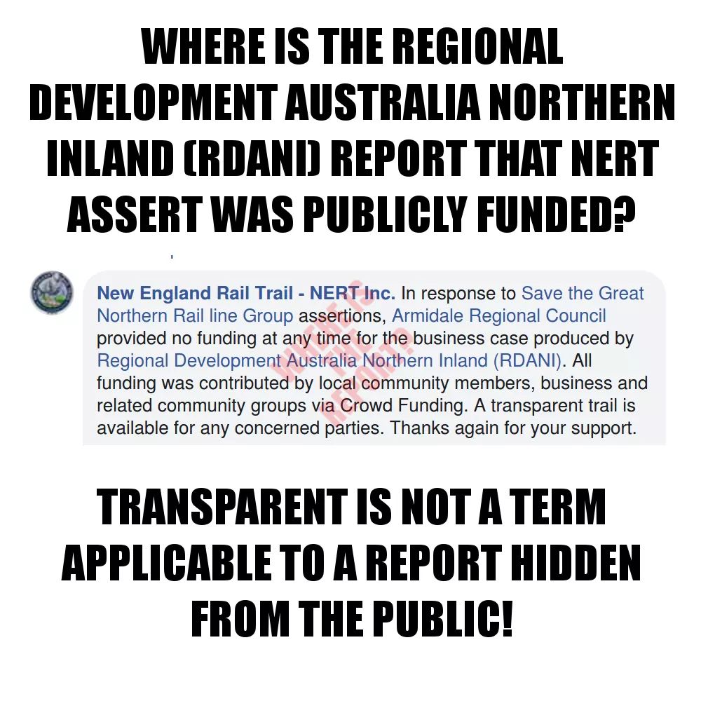 SaveGNR's tweet photo. @NERTinc If so sure of your proposal, why won't you release the @northerninland report? A report you said in October 2019 would be soon released to the public! What are you hiding? You lack transparency and truthfulness! #nswpol #auspol 

#NoNERT 
#FixNotRipRails 
#BringBackTheTrains https://t.co/wQo77zk9H0