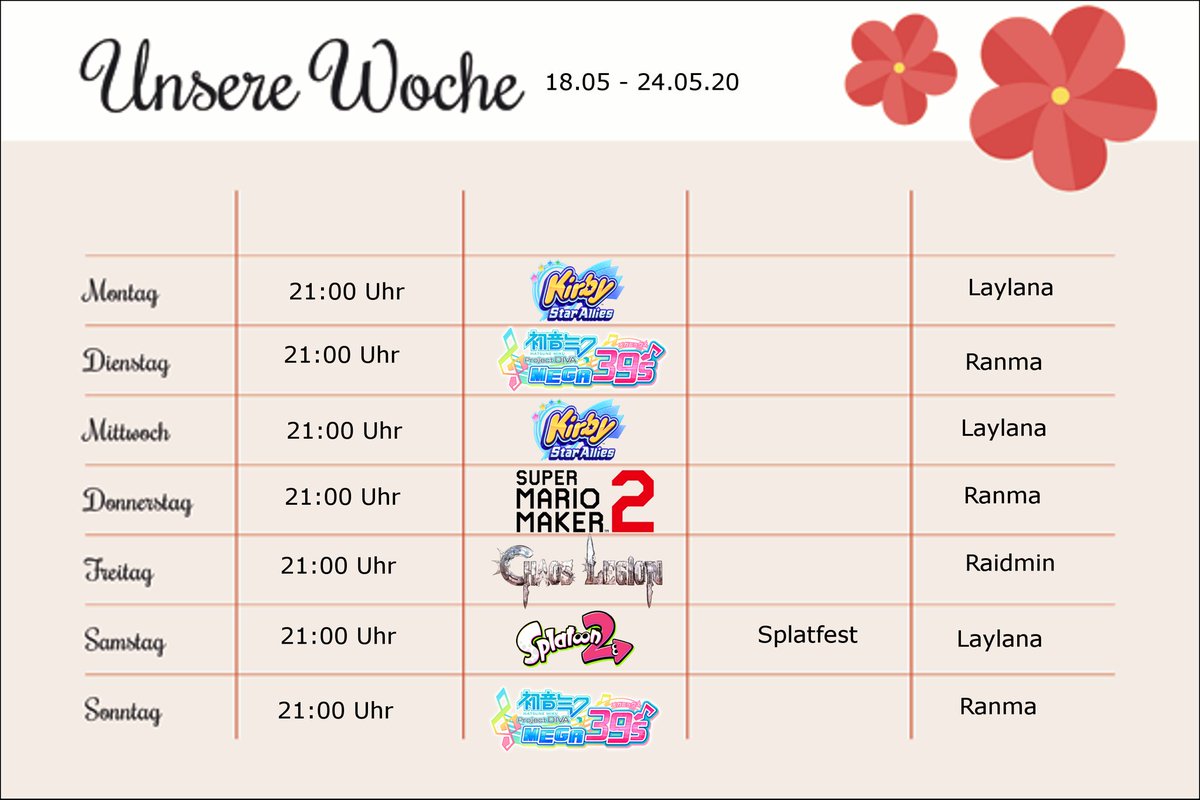 RkWlp's tweet photo. Tadaaaa! Unser Channel hat jetz eine Übersicht für euch, damit ihr vorab schknmal wisst, was die Woche über so abgeht. Wir sehen uns heute 21 Uhr auf https://t.co/pVCD87o92a #RKW #TwitchDE #kirby #MarioMaker2 #ProjectDIVAMEGA39 #chaoslegion #Splatoon2 https://t.co/Rfdb724J7y