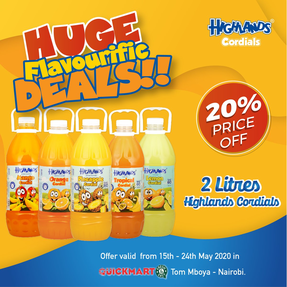 HighlandsDrinks's tweet photo. Get FLAVOURIFIC 🥳 with 20% OFF on all Highlands Cordials - 2 litres @QuickmartKenya Tom Mboya - Nairobi. #HighlandsCordials #CordialsOffer #PriceOff #Juice #DiluteToTaste https://t.co/QcdaLqIqdR