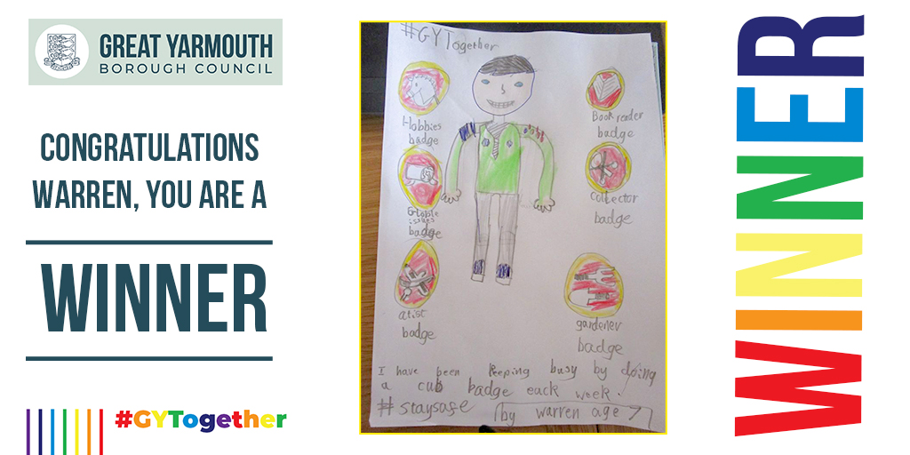 greatyarmouthbc's tweet photo. The #winner of this week's #GYTogether #competition, whose #drawing was chosen by the Mayor, is Warren, aged 7. ππ» Well done Warren! The #theme last week was "How have you been keeping busy during #lockdown?" Warren said he's been keeping by doing his club badges. π»π¨ https://t.co/Feuwa0l1eb