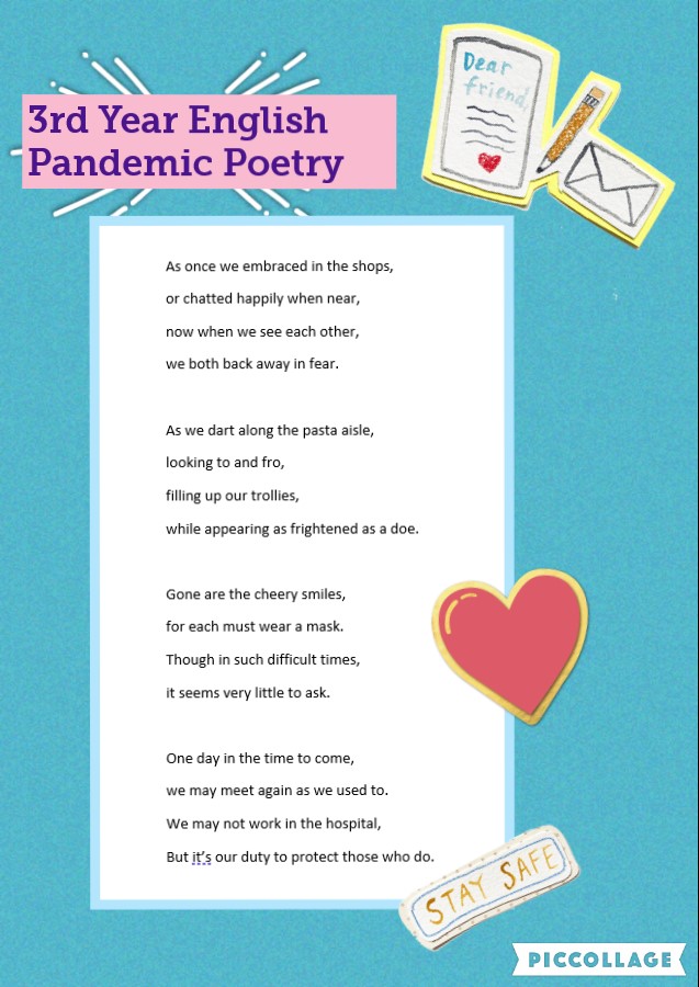 BallymakennyC's tweet photo. 3rd Year English students get creative with social distancing. Well done guys, great poems!📝🙂💡🙌#creativewritingfromhome #pandemicpoetry https://t.co/72QxEYl0rw